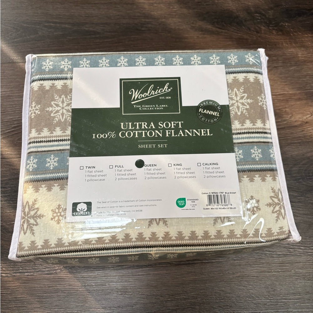 Woolrich Ultra Soft 100% Cotton Flannel Sheet Set - Cream and Brown Snowflake